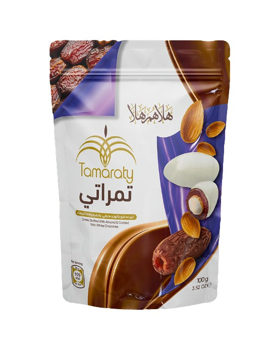 كيس تمر محشو لوز مغطى بشوكولاته البيضاء 90 جم